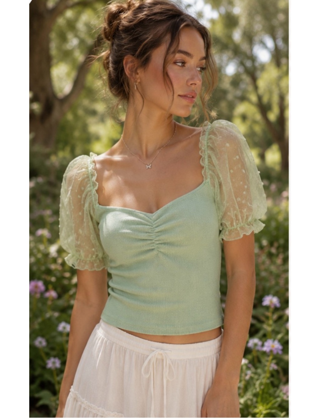 Y2K Green Babydoll Top Sheer Shimmer Puff Sleeves Size Large Fairycore Coquette